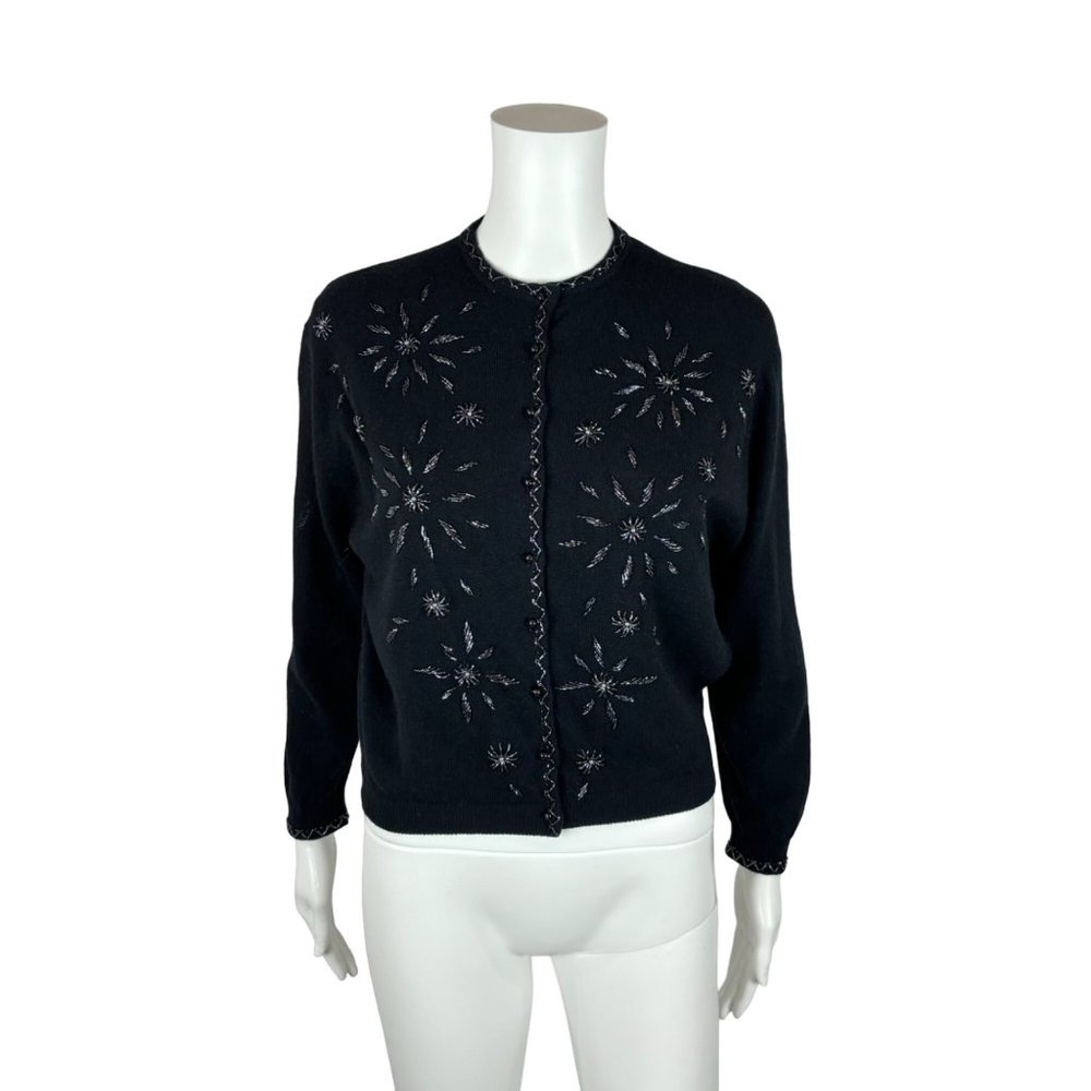 Vintage 50s Beaded Cardigan Women's Small Black Lambs Wool Angora Blend Sweater